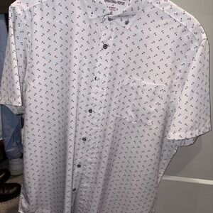 Men’s Large White Casual Nautical Anchor Pattern Short Sleeve Button Down Shirt